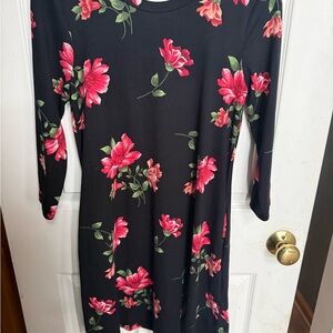 Joy Joy XS Black Floral Dress Criss Cross Back Long Sleeve